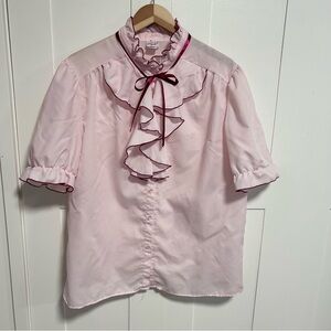 Vintage Button Down Pink Ruffled Shirt Short Sleeve L/XL Brian Michelle